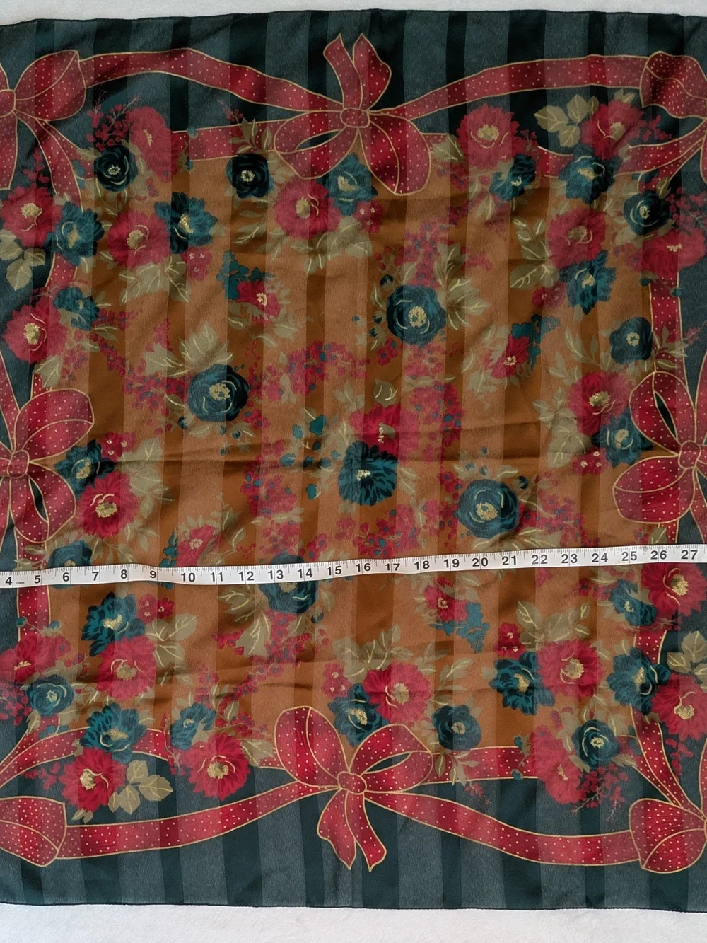 Berkshire Floral Bow Border Silk Scarf in Teal, Rust, Red